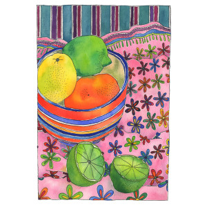 Watercolour still life, featuring limes lemon and mandarin, in and beside a striped bowl, nestled onto a pink clothe with colourful flower pattern
