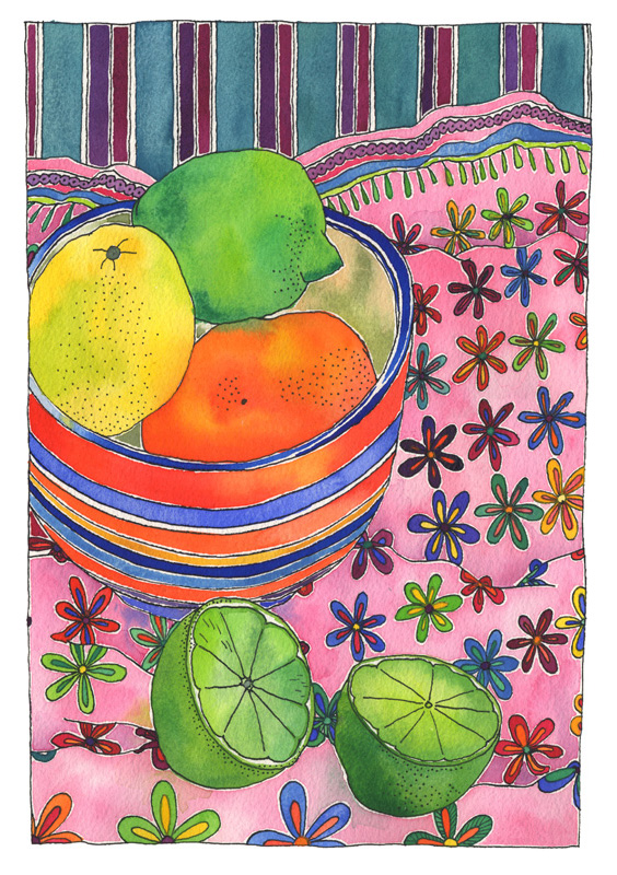 Watercolour still life, featuring limes lemon and mandarin, in and beside a striped bowl, nestled onto a pink clothe with colourful fower pattern