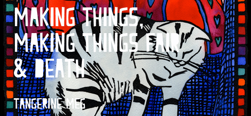 Header image for "Making Things, Making Things Fair and Death" featuring Tangerine Meg lino print artwork "Cat and Cusion"