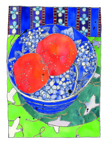 watercolour still life by Tangerine Meg, featuring, mandarin fruits in a hydrangea patterned blue and white bowl, arranged on a fabric patterned with white doves on green