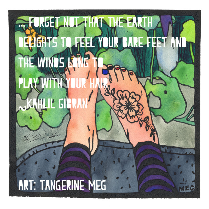 Lino print of bare henna-d feet by the nasturtium patch paired with Kahlil Gibran quote