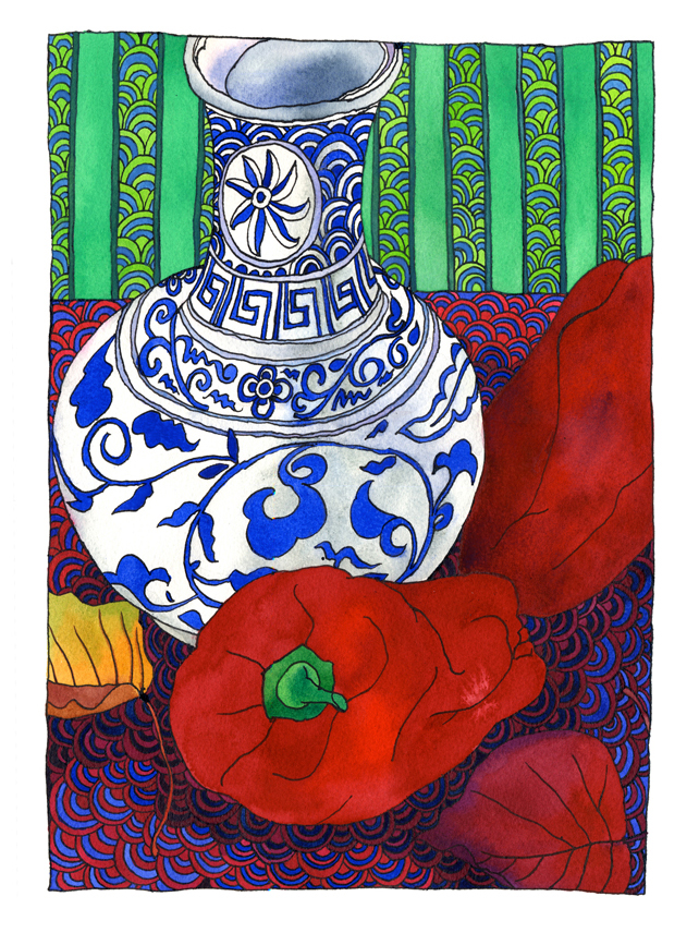Watecolour still life by Tangerine Meg, featuring blue and white vase, red capsicums, an autumn leaf and a riot of colourful backgroun pattern