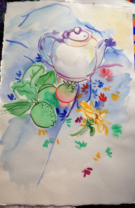 Loose still life with a white teapot arranged with garden produce on a flowered cloth
