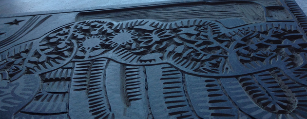 close up of lino print called A Veritable Garden