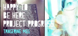 cat overlooking a lino block combined with a pale ethereal photographic self portrait, overlaid with header text in chunky font