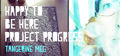 cat overlooking a lino block combined with a pale ethereal photographic self portrait, overlaid with header text in chunky font