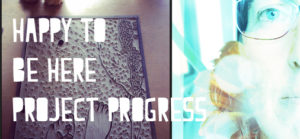 cat overlooking a lino block combined with a pale ethereal photographic self portrait, overlaid with header text in chunky font
