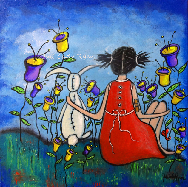 girl in meadow with rabbit friend; painting by Juli Cady Ryan