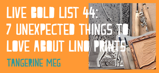 Lino print blog post header - twitter sized - chunky font - photo is a lino block and lino carving tools