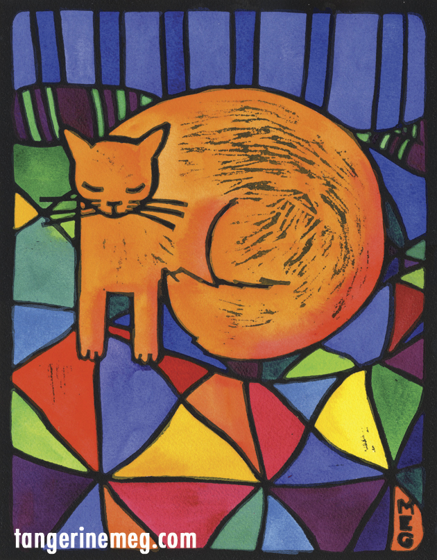 bold lino print with black outlines, and handcoloured bright areas. Image is orange cat on harlequin blanket