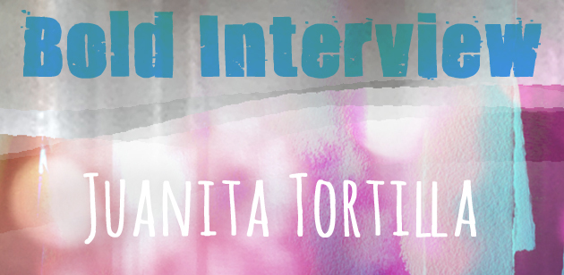 Washy colourful background with pinks, morones, greys and chunky type saying "Bold Interview"