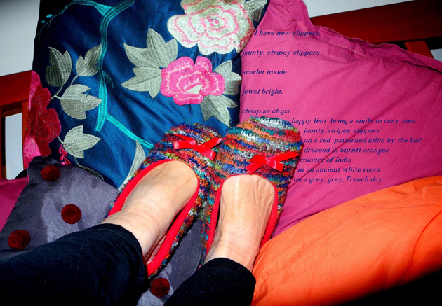 bright slippers on bright fabrics with poem overlaid