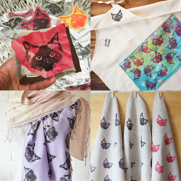 Pickle the cat, and items printed with her likeness by Juanita Tortilla