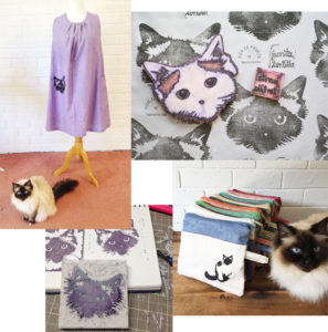 Pickle the cat, and items printed with her likeness by Juanita Tortilla