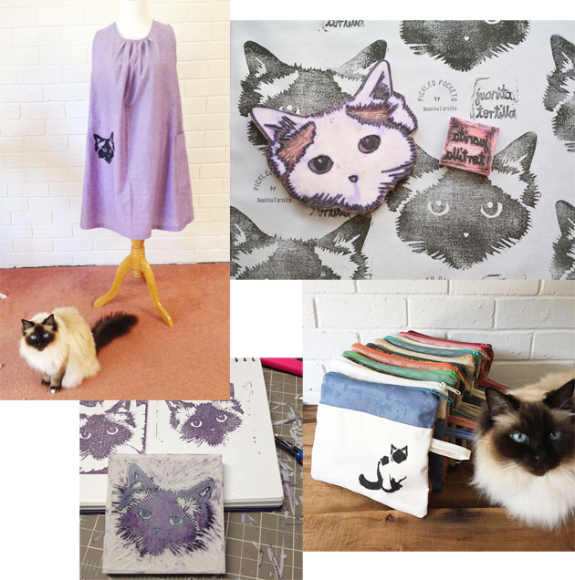 Pickle the cat, and items printed with her likeness by Juanita Tortilla