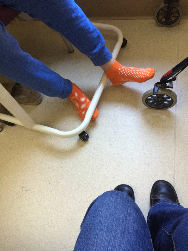 blue pants and orange socks make a hospital stay more colourful