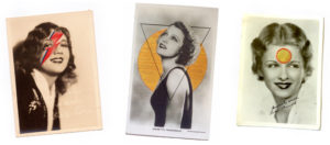 Vintage photos with coloured embroidery shapes