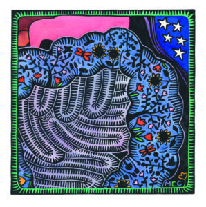 Finished painted lino print of "A Veritable Garden" by Adelaide Artist, Tangerine Meg