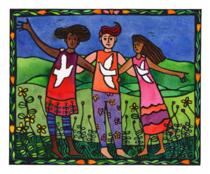 Finished lino print: Friends, Luka Pace and Joy (Light, Peace, Joy)