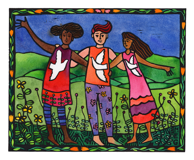 Finished lino print: Friends, Luka Pace and Joy (Light, Peace, Joy)