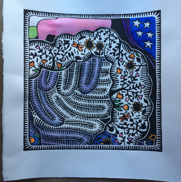 Partially painted lino print of garden in a gut image