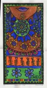 Person with patterns on their neck and dangling earrings, portrayed with a lino print