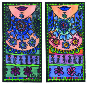 Two lino prints of women's necks decorated with much pattern, in different colour schemes
