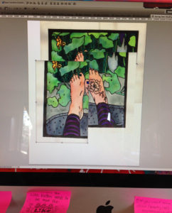 Photo of computer screen showing scanned sections of Spring Feet Lino Print being aligned