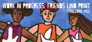lino print artwork of 3 friends with dark, light, medium skin colours, with a backdrop of green hills and blue sky