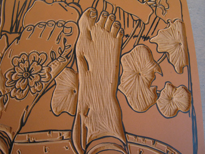 Section of work in progress carved lino block