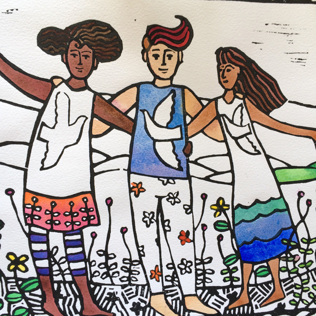 Partially painted lino print artwork