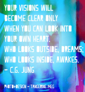 Blues and reds swirl and merge on a photographic background; overlaid in chunky type is a Jung quote