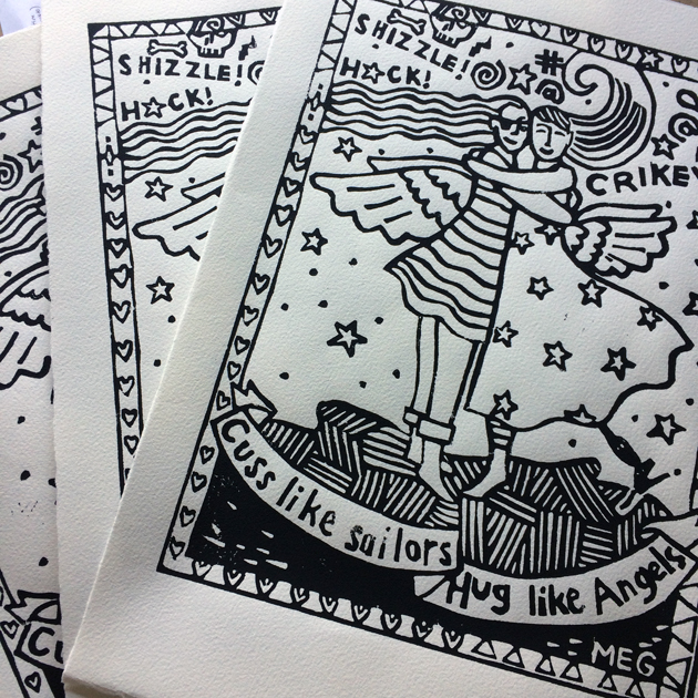 3 black ink prints on white paper of "cuss like sailors, hug like angels"