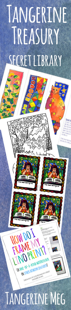 Green and blue watercolour makes a background for hand writing style lettering, that says "Tangerine Treasury secret library"