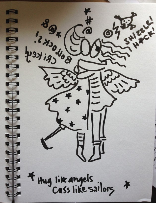 marker drawing of hugging angels with spiral sketchbook binding on the left
