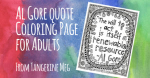 watercolour-y red blue and green background with pale hand-lettered looking font saying "Al Gore Coloring Page for Adults" with a jauntily tilted image of black and white cat colouring page
