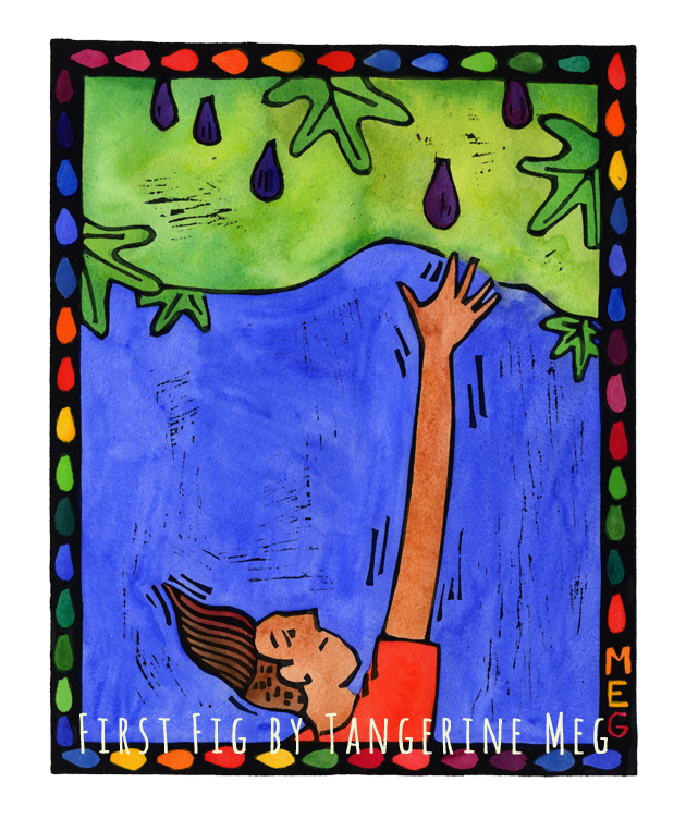 Hand coloured lino print with rainbow border. Subject is young man with funky hair reaching for purple figs hanging from a fig tree. Blue background.