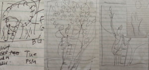 Biro ketches on lined note paper showing different ideas for composition of "First Fig" lino print