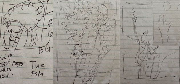 Biro ketches on lined note paper showing different ideas for composition of "First Fig" lino print