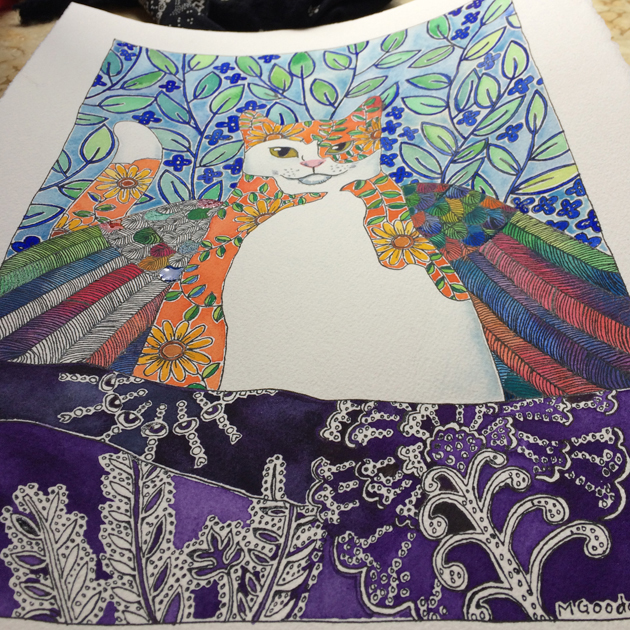 Almost completed painting of winged cat