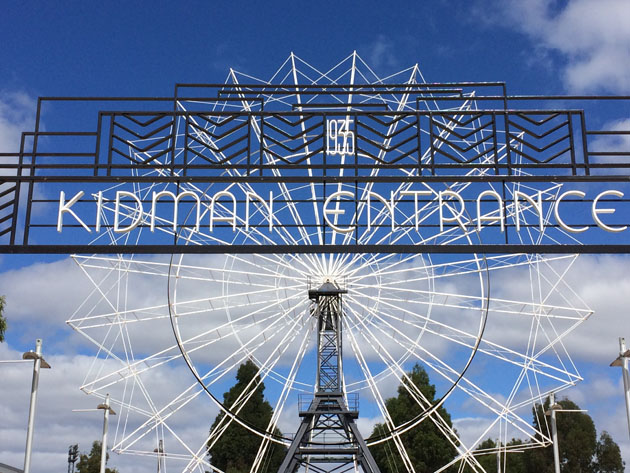 A metal art deco gate arch reads "Kidman Entrance", through the gate looms the structure of an out-of-season ferris wheel. The gate and wheel are surrounded by treetops, and over-arched by a blue sky with white fluffy clouds.