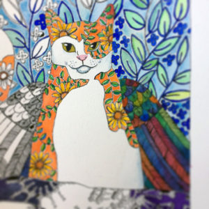 artwork in progress of winged cat, some of the picture is brightly coloured, other areas still white paper with black pen drawing. Lots of detail in the wing feathers.