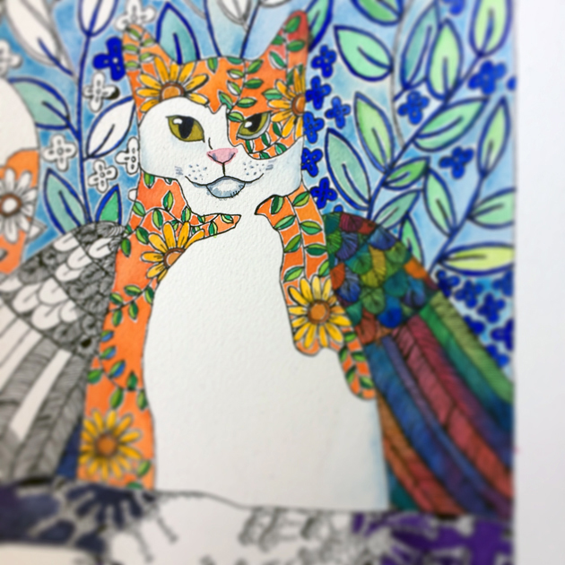 artwork in progress of winged cat, some of the picture is brightly coloured, other areas still white paper with black pen drawing. Lots of detail in the wing feathers.