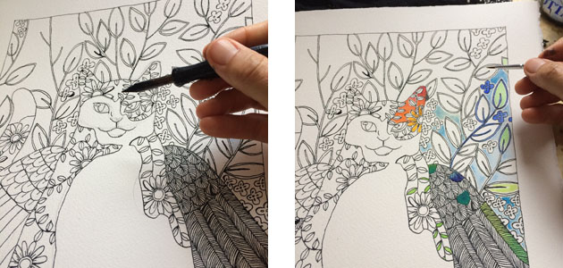 Two stages of a hand drawing a winged cat picture, the first is black and white drawing, in the second the painted colour is started.