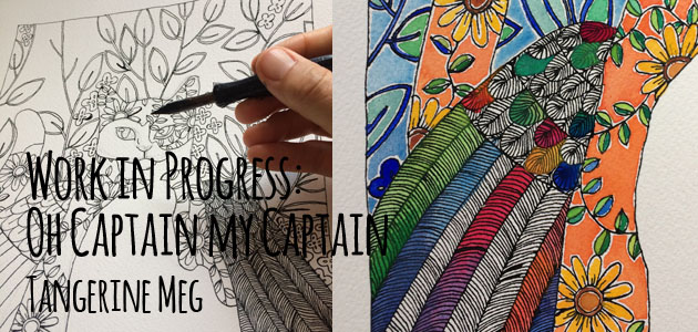 Two stages of a drawing a winged cat picture: the first is black and white drawing. the second has a colourful wing. Overlaid with text reading "Work in Progress: Oh Captain my captain" "Tangerine Meg"