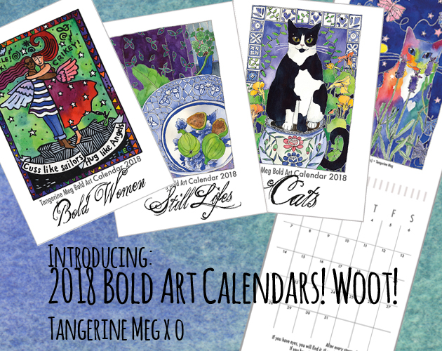 Header image backed by watercolour blues, with 3 vibrant art calendar covers and one open calendar. The covers read "Bold Women", "Still Life" and "Cats".