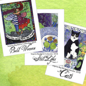 water colour background overlaid with bold art calendar covers in themes: cats, bold women and still lifes