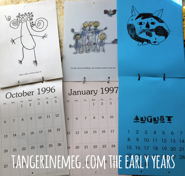 Three open calendars featuring children's art