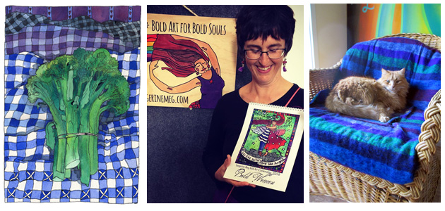 Broccoli art, Tangerine Meg holding a 2018 calendar, Orange cat on a big chair
