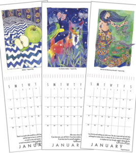 page spreads of 3 calendars with fruit, cat and mermaid pictures.